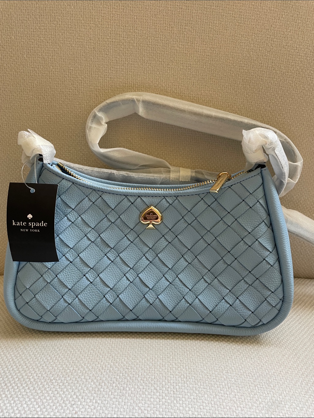 Kate Spade Light Blue Woven Shoulder Bag With Gold Heart Logo